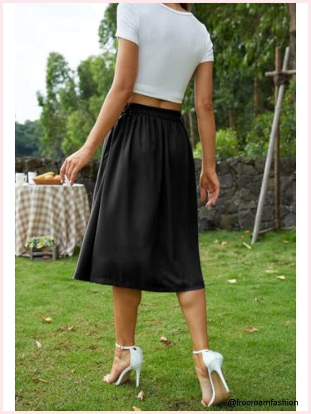 Pleated A-line Midi Skirt Elastic Waist Button Front Flared Long Skirt with - Picture 2 of 6